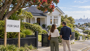 AI-generated scene of two buyers outside a white weatherboard home with a For Sale sign and Auckland’s skyline in the distance.