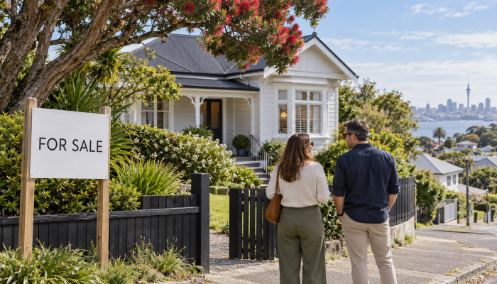 AI-generated scene of two buyers outside a white weatherboard home with a For Sale sign and Auckland’s skyline in the distance.