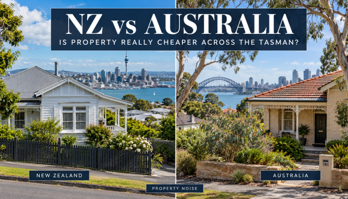 AI-generated split image of Auckland and Sydney homes beneath the headline “NZ vs Australia: Is property really cheaper across the Tasman?”