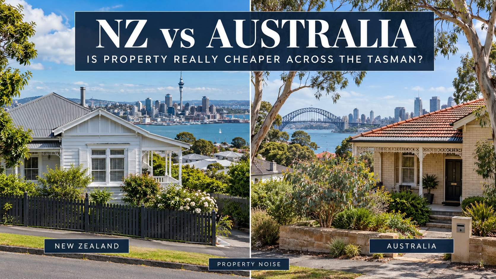 AI-generated split image of Auckland and Sydney homes beneath the headline “NZ vs Australia: Is property really cheaper across the Tasman?”