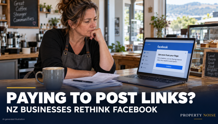 AI-generated café owner reviewing a Facebook-style subscription prompt on a laptop, beneath the headline “Paying to post links?”