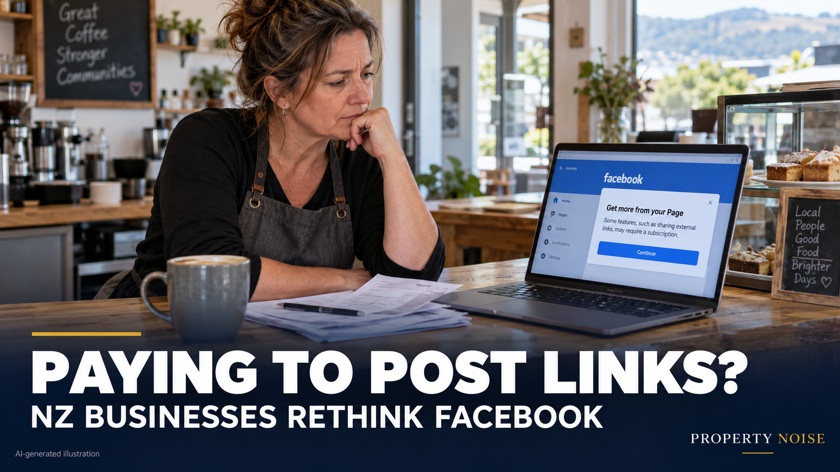 AI-generated café owner reviewing a Facebook-style subscription prompt on a laptop, beneath the headline “Paying to post links?”