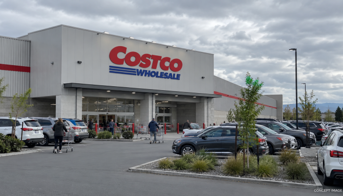 Concept illustration of a Costco Wholesale warehouse with shoppers, parked cars and prominent Costco branding.