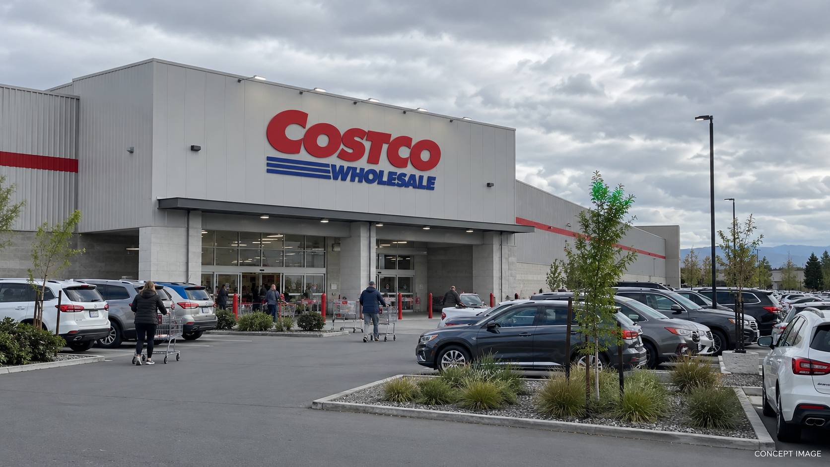Concept illustration of a Costco Wholesale warehouse with shoppers, parked cars and prominent Costco branding.