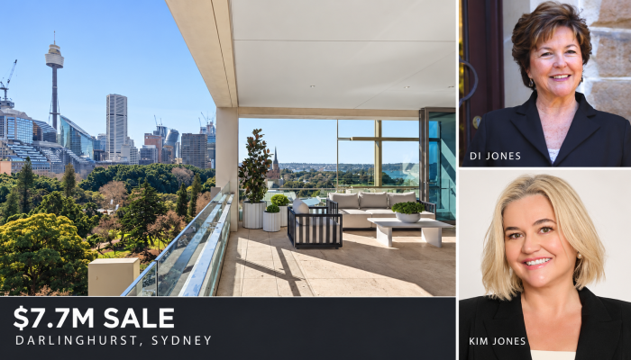 Editorial collage showing the apartment’s Hyde Park-facing terrace, with portraits of Di Jones above and Kim Jones below.