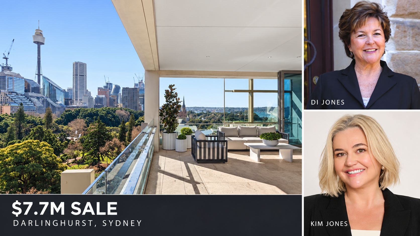 Editorial collage showing the apartment’s Hyde Park-facing terrace, with portraits of Di Jones above and Kim Jones below.