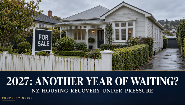 White weatherboard house with a for-sale sign beneath grey skies, above the headline “2027: Another Year of Waiting?”