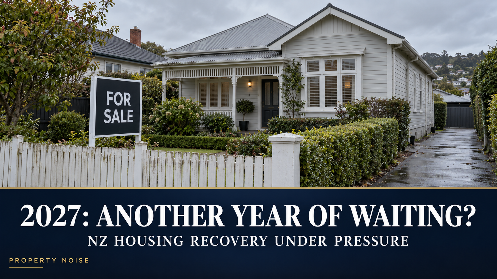 White weatherboard house with a for-sale sign beneath grey skies, above the headline “2027: Another Year of Waiting?”