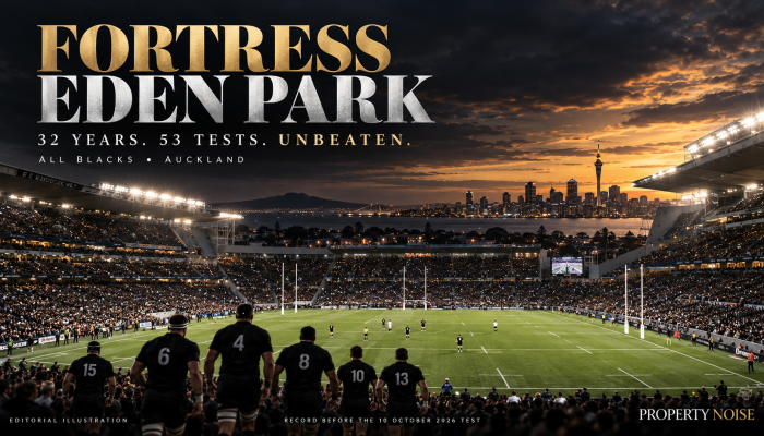 Eden Park stadium in Auckland during an All Blacks rugby Test, with spectators filling the stands.