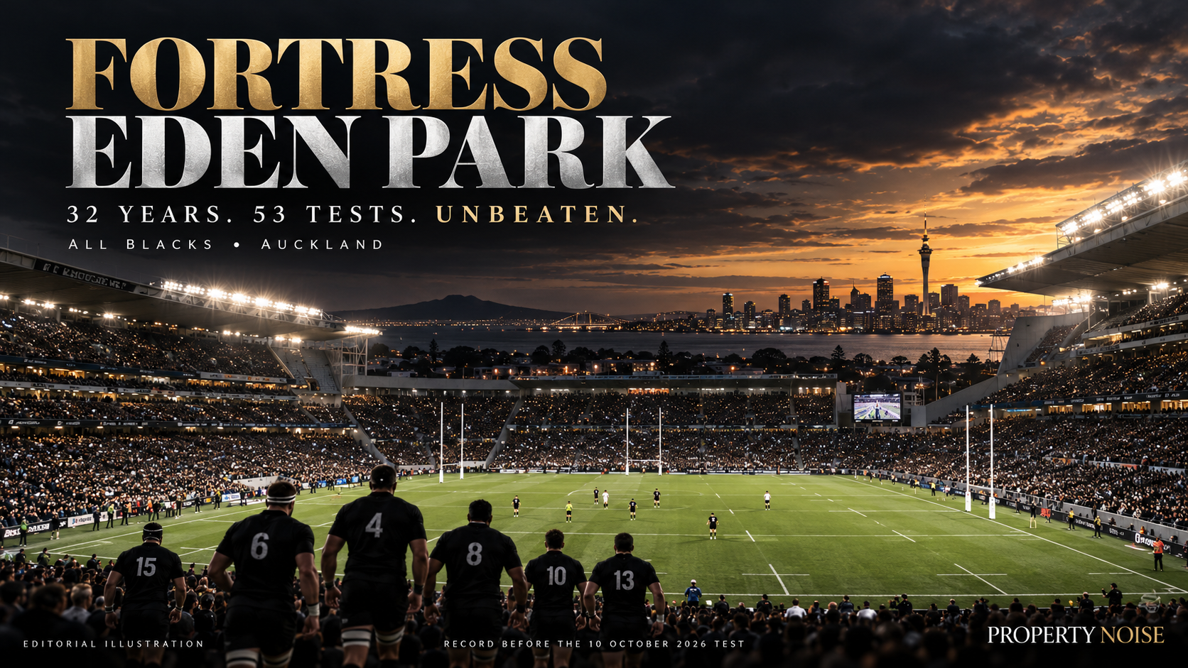 Eden Park stadium in Auckland during an All Blacks rugby Test, with spectators filling the stands.