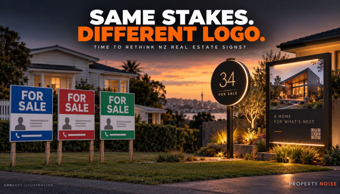 Traditional corflute real estate signs beside illuminated property signage concepts in an Auckland setting.