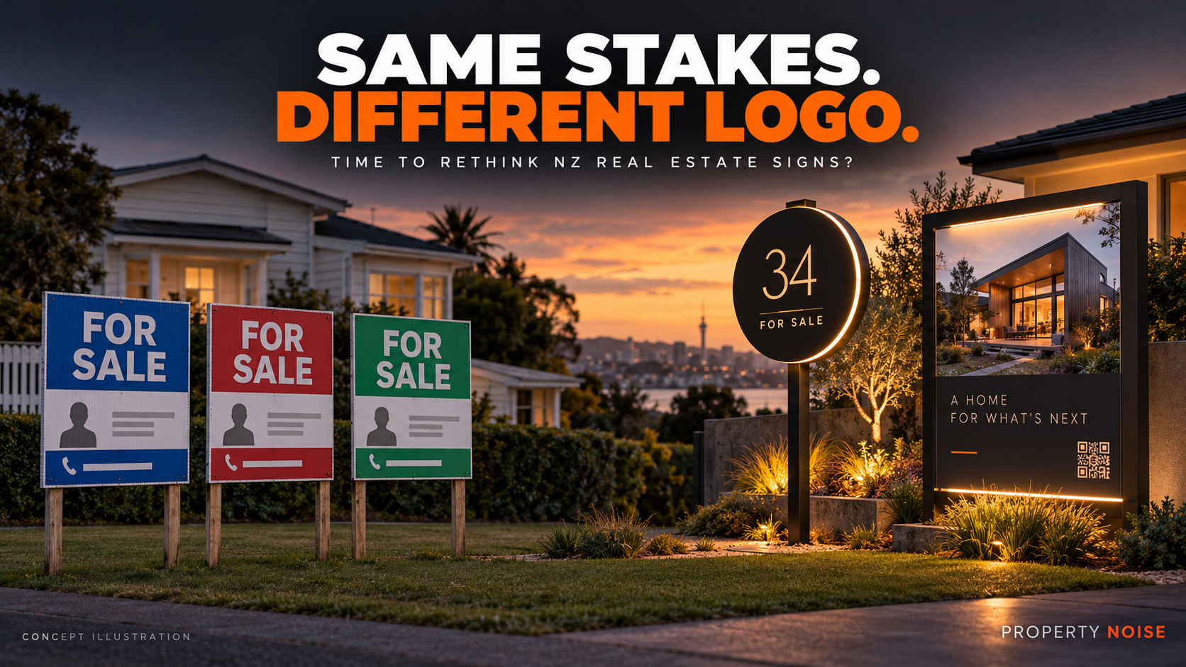 Traditional corflute real estate signs beside illuminated property signage concepts in an Auckland setting.