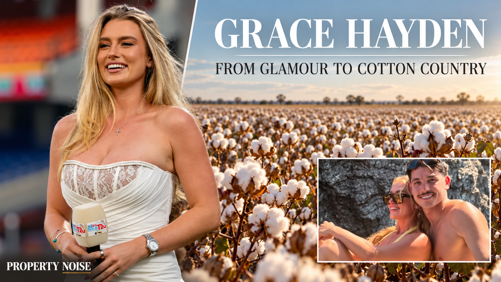 Editorial collage of Grace Hayden holding a microphone, a cotton field and an inset photograph of Hayden with Wilson Statham.