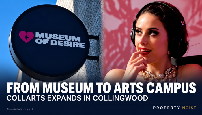 Museum of Desire sign beside a woman wearing headphones, with the headline “From museum to arts campus”.