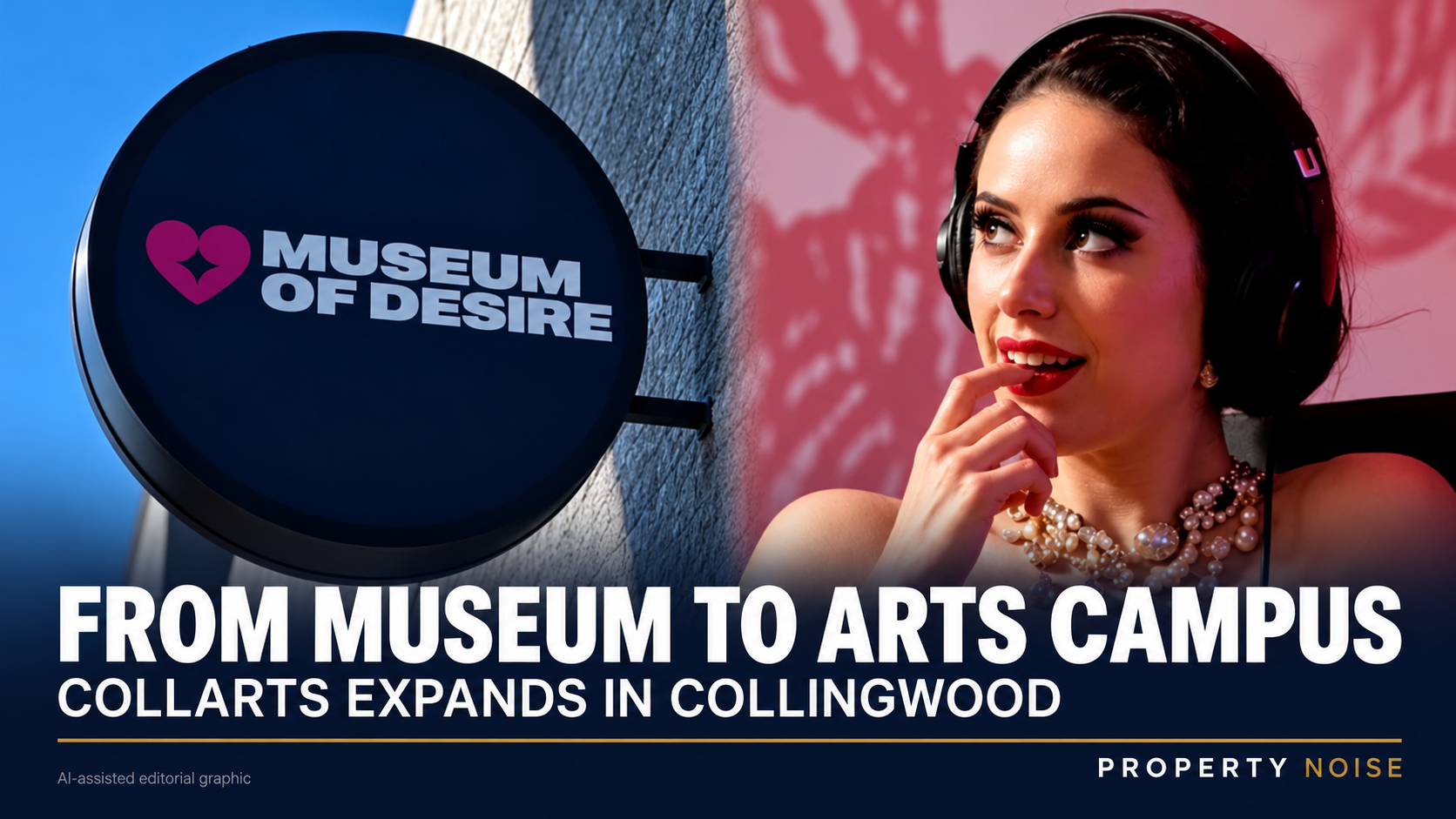 Museum of Desire sign beside a woman wearing headphones, with the headline “From museum to arts campus”.