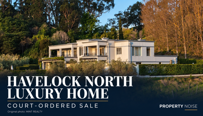 Luxury home at 137 Black Barn Road, Havelock North, surrounded by established trees and gardens, with a court-ordered sale headline.
