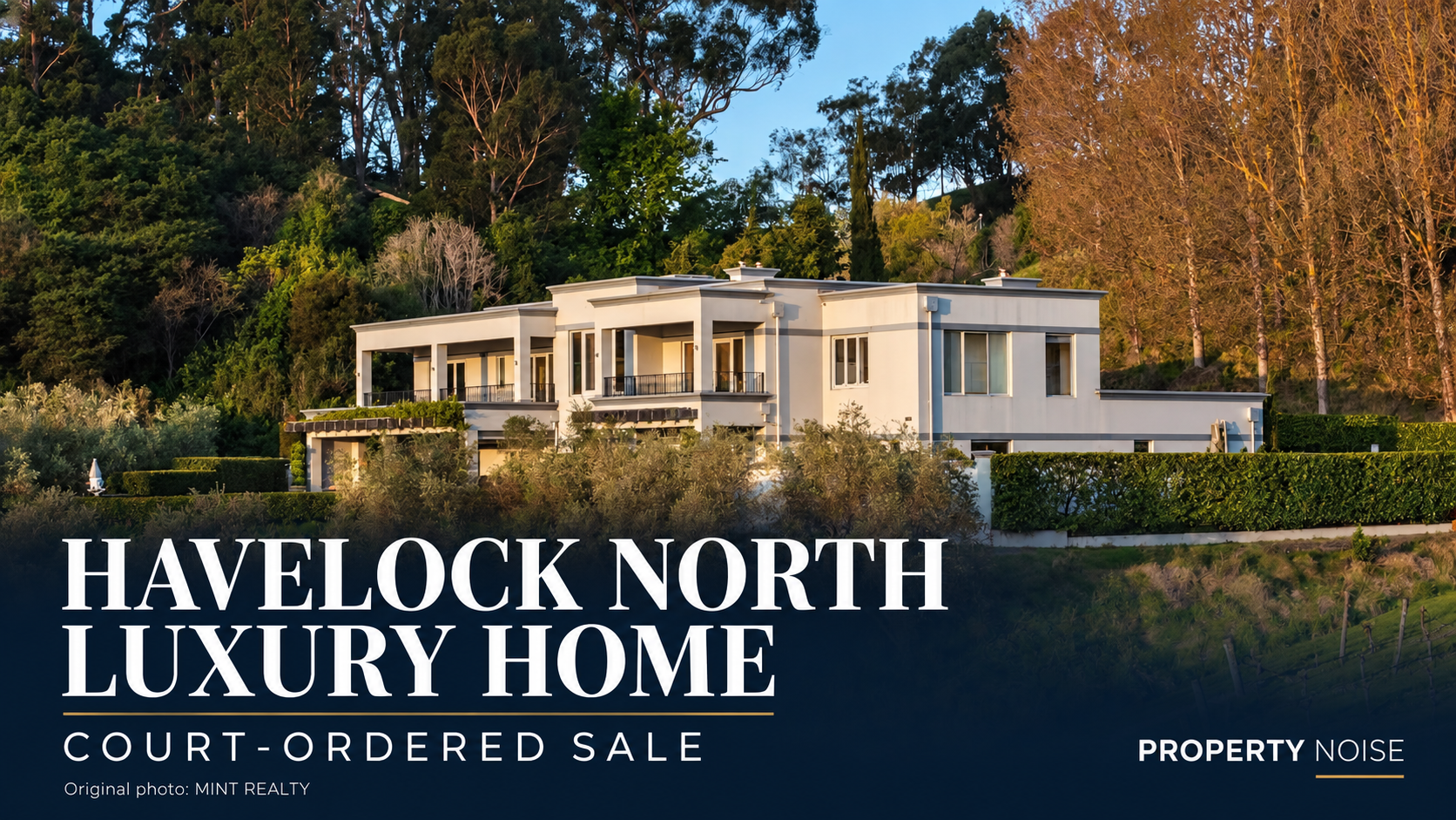 Luxury home at 137 Black Barn Road, Havelock North, surrounded by established trees and gardens, with a court-ordered sale headline.