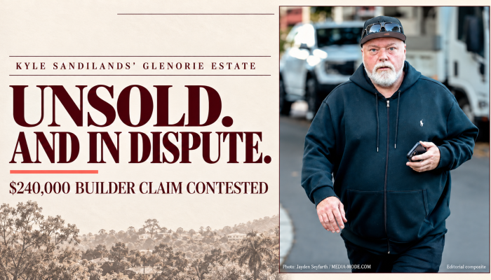 Kyle Sandilands pictured beside the headline “Unsold. And in Dispute.” on an ivory and burgundy Property Noise cover.