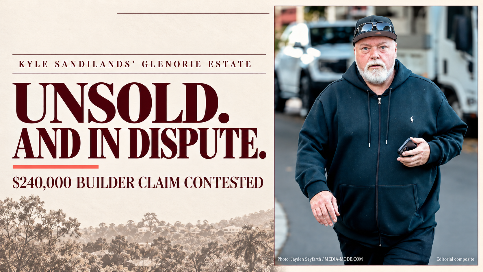 Kyle Sandilands pictured beside the headline “Unsold. And in Dispute.” on an ivory and burgundy Property Noise cover.