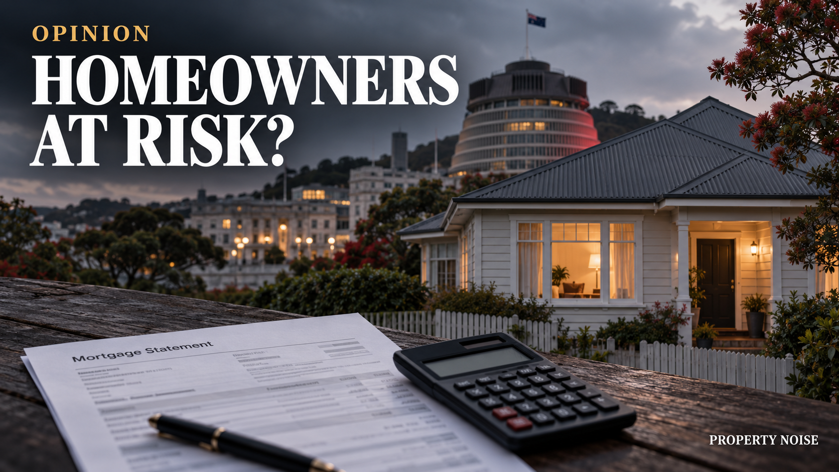 Illustration of a New Zealand home, mortgage statement and calculator with the Beehive behind them, headed “Homeowners at risk?”