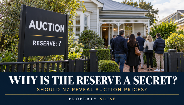Buyers outside a weatherboard home beside an auction sign reading “Reserve: ?”, above the headline “Why Is the Reserve a Secret?”