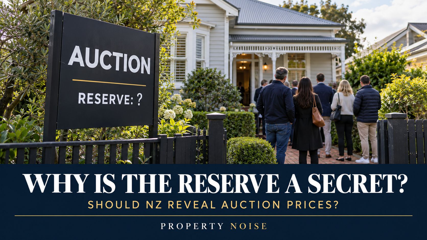 Buyers outside a weatherboard home beside an auction sign reading “Reserve: ?”, above the headline “Why Is the Reserve a Secret?”