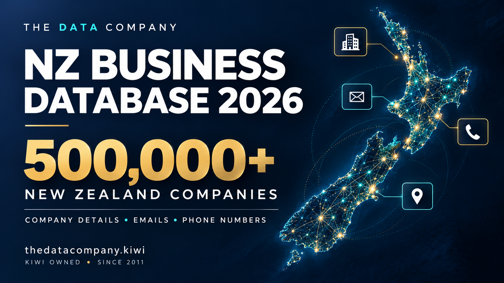 The Data Company NZ Business Database 2026 graphic featuring 500,000+ New Zealand companies and a network-style map of New Zealand.