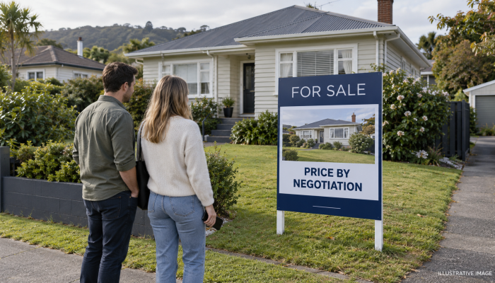Couple looking at a weatherboard home beside a for-sale sign reading “Price by negotiation”.