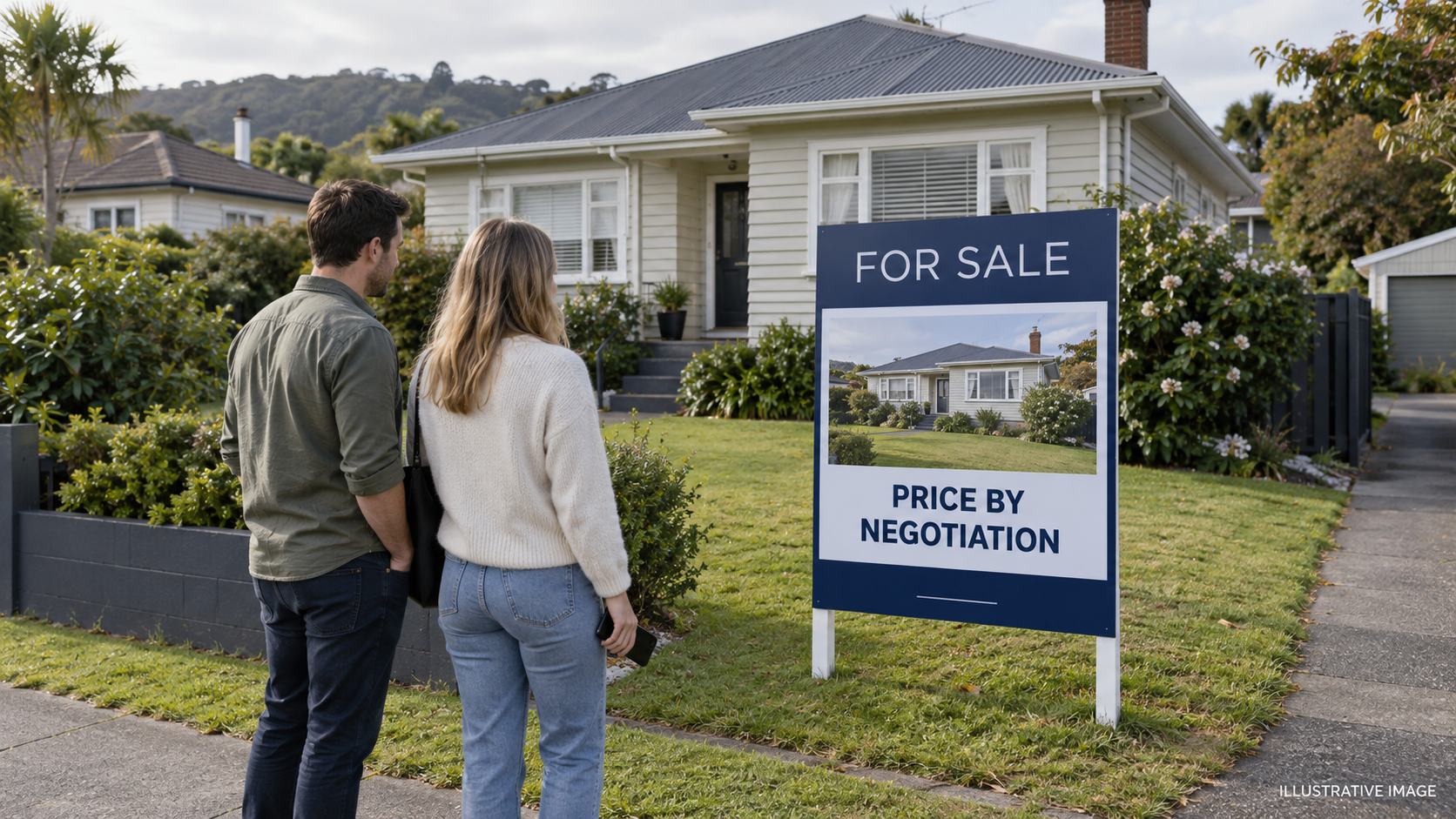 Couple looking at a weatherboard home beside a for-sale sign reading “Price by negotiation”.