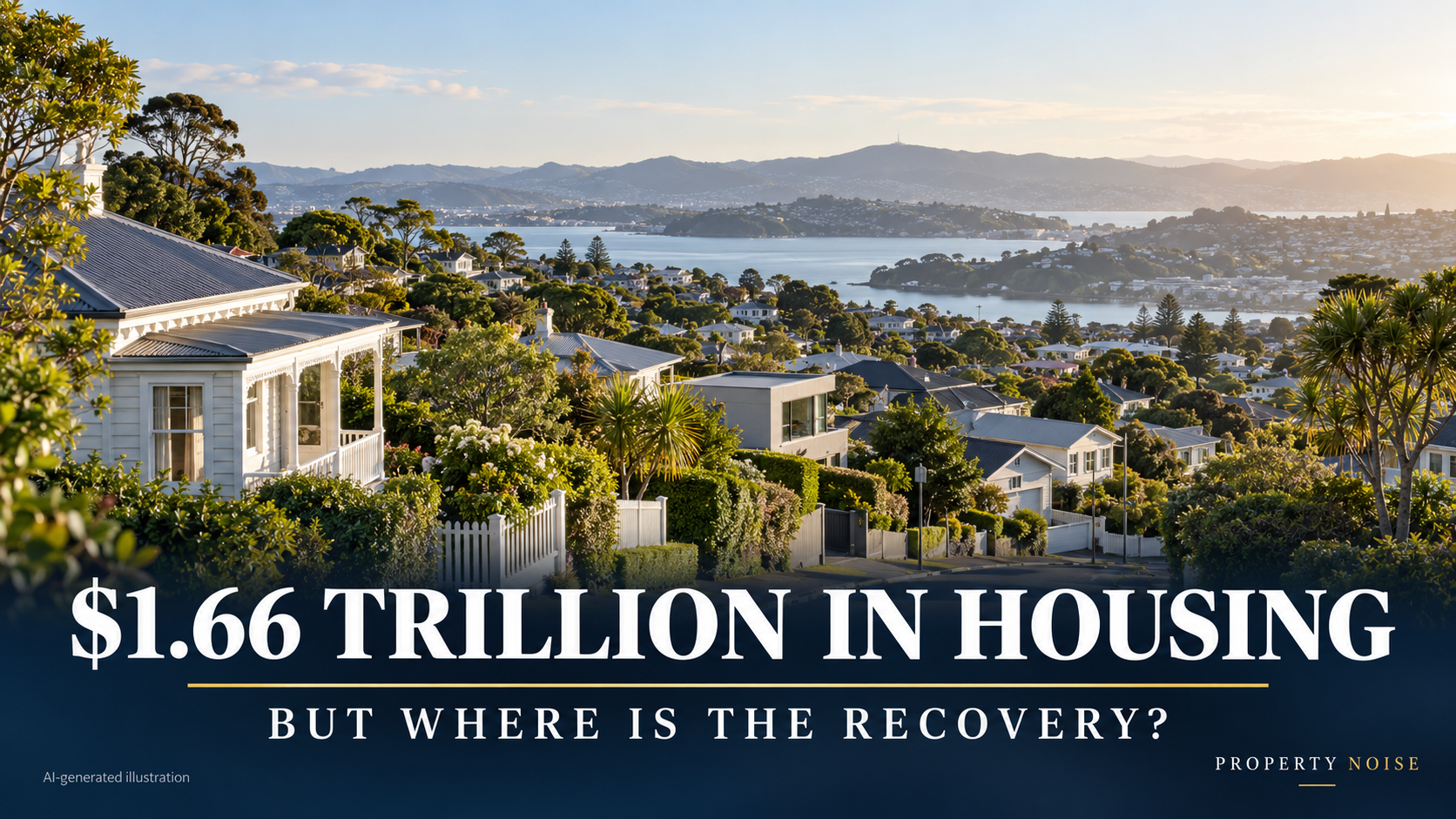 AI-generated weatherboard home with a for-sale sign beneath cloudy skies, with the headline “NZ house prices still under pressure”.