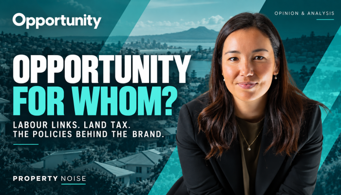 Opportunity leader Qiulae Wong against a teal backdrop of New Zealand homes, with the headline “Opportunity for whom?”