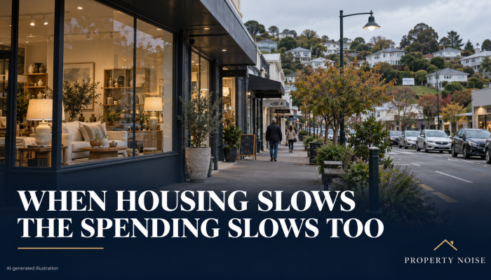 AI-generated shopping street with a homewares store and hillside houses, captioned “When housing slows, the spending slows too”.
