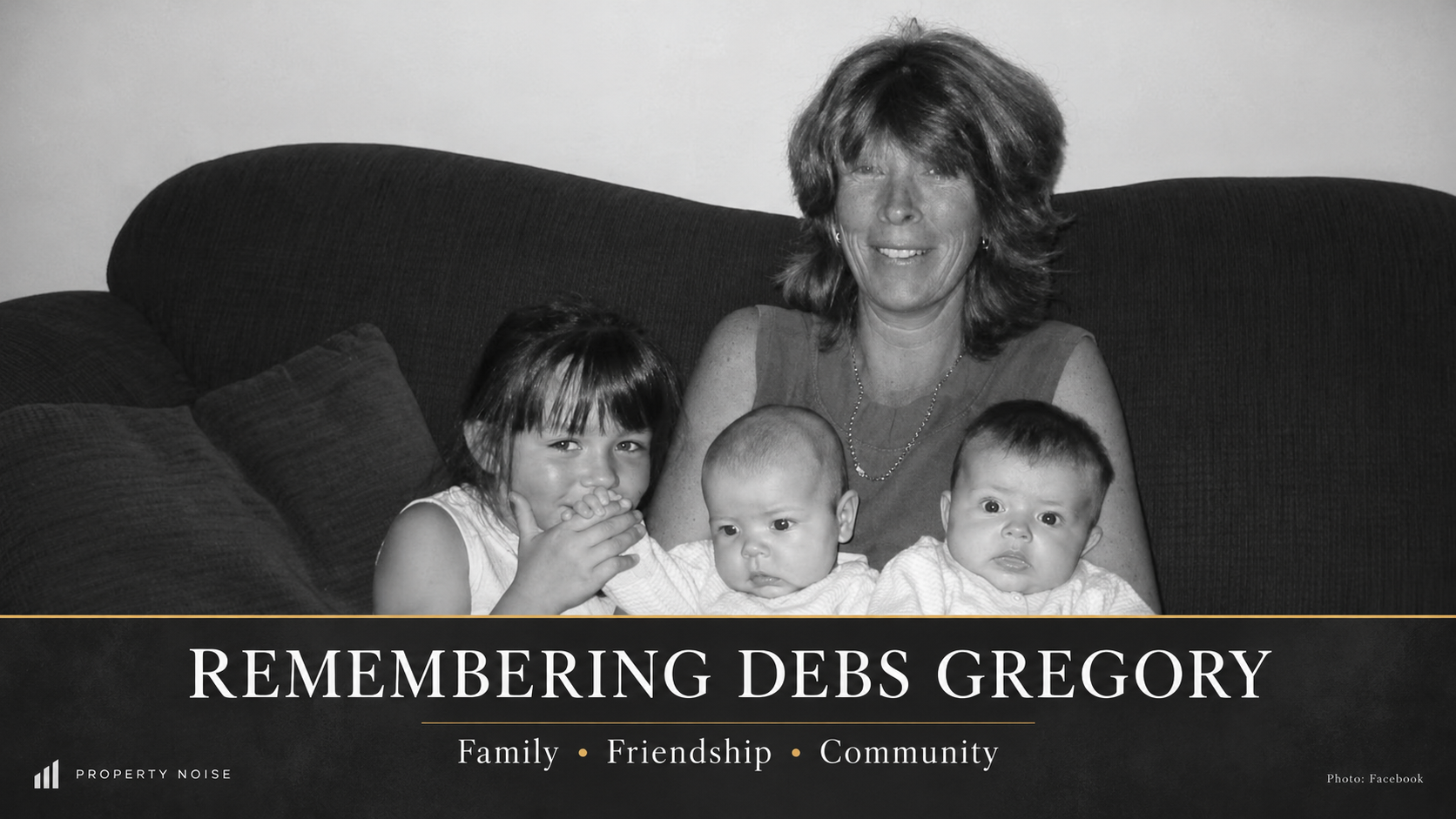 Black-and-white photograph of Debs Gregory seated with three children, above the words “Remembering Debs Gregory”.