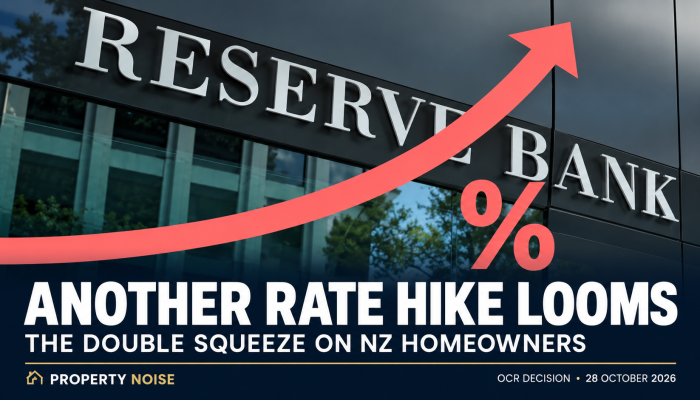Reserve Bank building with a red upward arrow and percentage symbol above the headline “Another Rate Hike Looms”.
