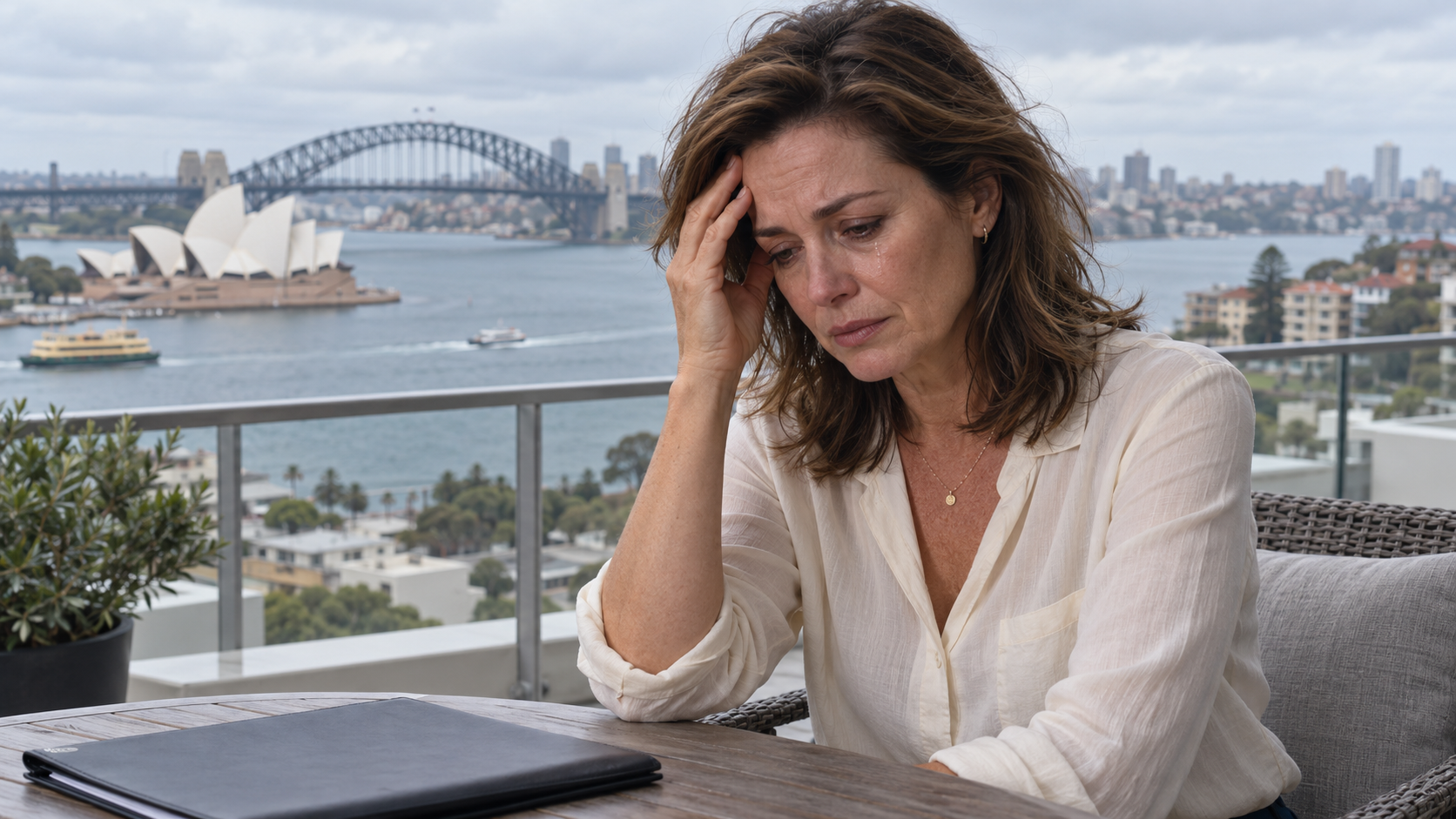 AI-generated illustration of a tearful woman on a balcony overlooking Sydney Harbour, with the Opera House and Harbour Bridge behind her.
