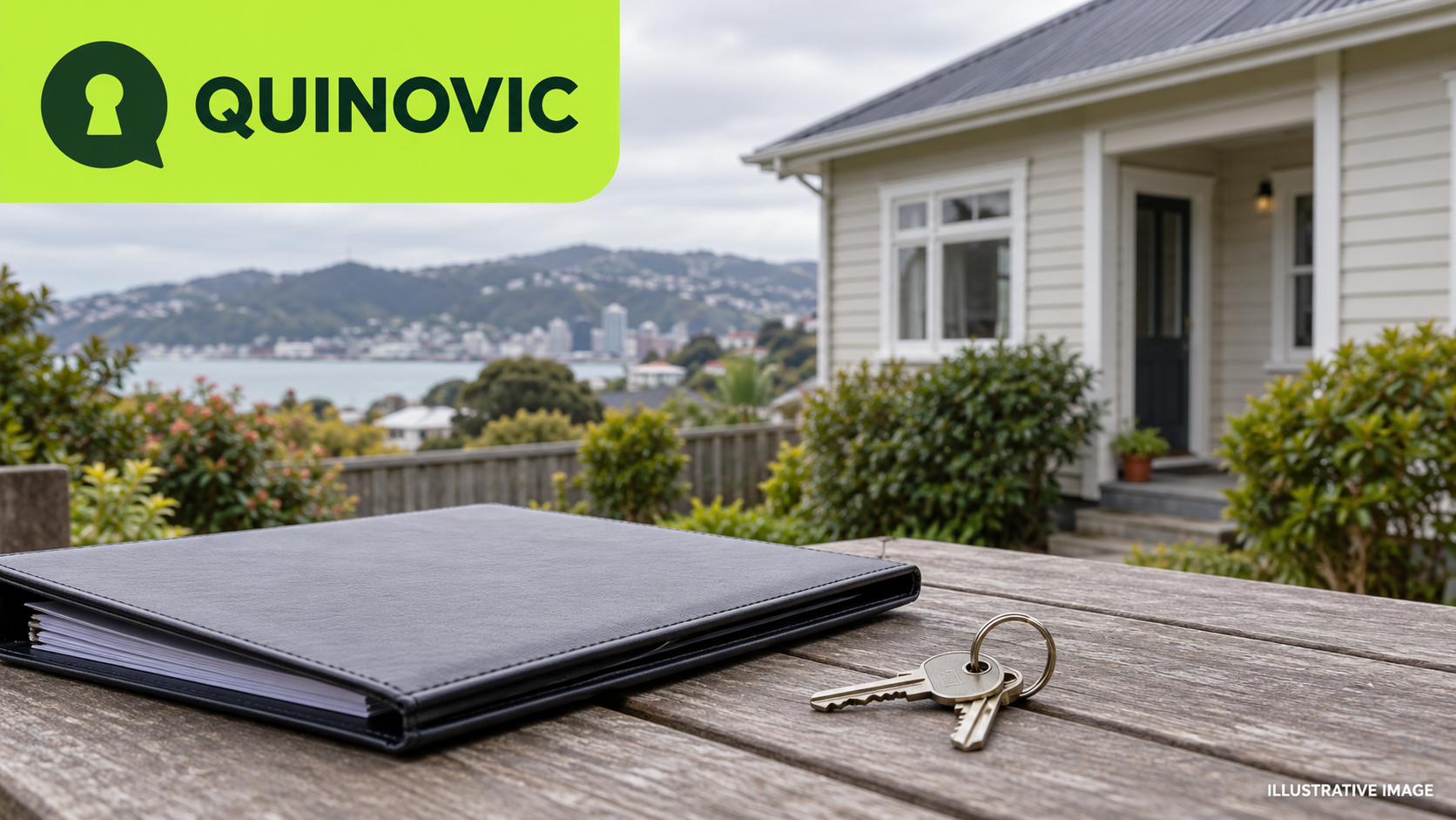 House keys and a folder on a table outside a weatherboard home, with Quinovic branding overlaid.
