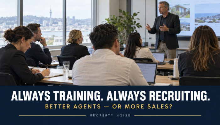Illustration of real estate professionals attending an office workshop beneath the headline “Always Training. Always Recruiting.”