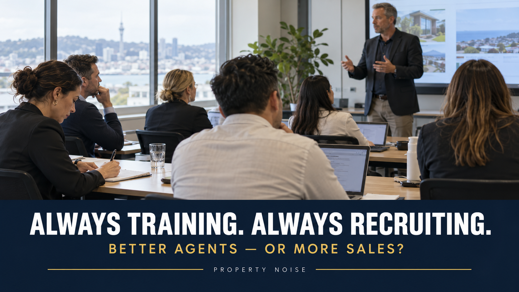 Illustration of real estate professionals attending an office workshop beneath the headline “Always Training. Always Recruiting.”