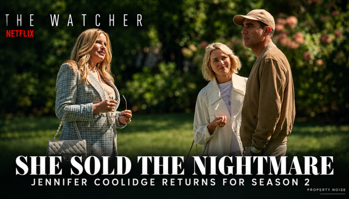 Jennifer Coolidge, Naomi Watts and Bobby Cannavale in The Watcher, with the headline “She sold the nightmare”.