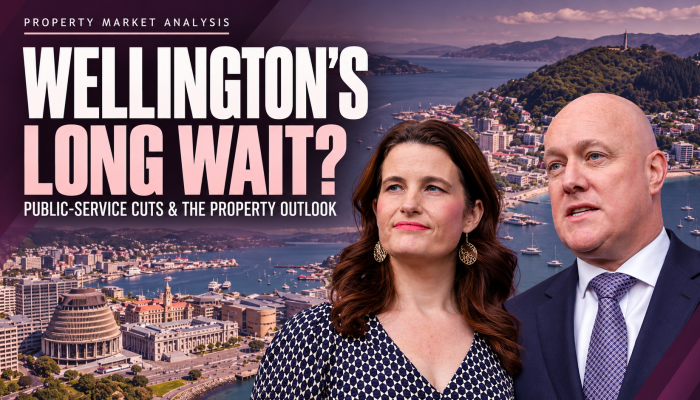Christopher Luxon and Nicola Willis composited over Wellington harbour beside the headline “Wellington’s Long Wait?”