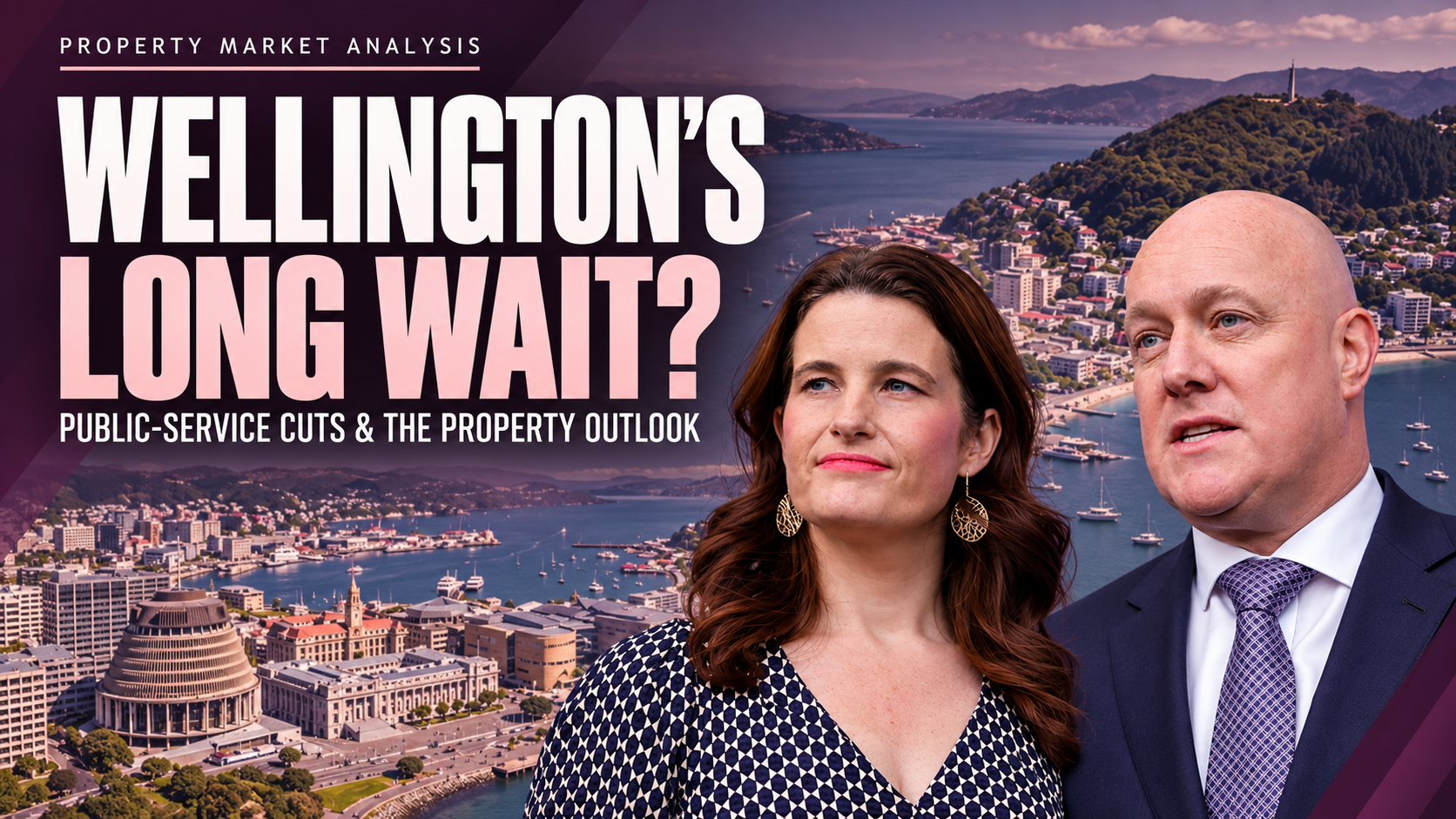Christopher Luxon and Nicola Willis composited over Wellington harbour beside the headline “Wellington’s Long Wait?”